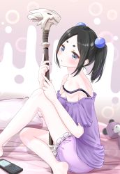 Rule 34 | 1girl, absurdres, aqua eyes, bare legs, barefoot, beads, bed, between legs, black hair, breasts, camisole, cellphone, cushion, dated, fluno, frilled camisole, frilled shorts, frills, from side, futoku no guild, hair beads, hair ornament, highres, holding, holding staff, looking at viewer, medium breasts, on one knee, pajamas, parted bangs, phone, pout, purple camisole, purple shorts, short twintails, shorts, signature, sitting, solo, staff, strap slip, stuffed animal, stuffed toy, teddy bear, thick eyebrows, tokishikko dana, twintails