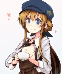 Rule 34 | 1girl, asterisk (asterism), beret, blonde hair, blue eyes, blush, braid, breast hold, breast milk, breasts, breasts out, cafe maid (love live!), coffee, coffee cup, coffee mug, cup, disposable cup, grabbing, hat, idolmaster, idolmaster million live!, kousaka umi, lactating into container, lactation, light brown hair, long hair, medium breasts, milk, mug, nipples, short twintails, smile, solo, teacup, tongue, tongue out, twintails, upper body