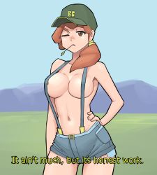 Rule 34 | 1girl, arm at side, babusgames, breasts, brown eyes, brown hair, brown hat, collarbone, commentary, cowboy shot, day, english commentary, english text, hand on own hip, hat, highres, it ain&#039;t much but it&#039;s honest work, looking at viewer, medium breasts, meme, mountain, mouth hold, naked suspenders, navel, one eye closed, original, outdoors, ponytail, shorts, sketch, solo, stomach, suspenders