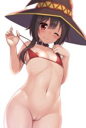 Rule 34 | 1girl, bare arms, bare shoulders, bikini, black collar, blush, bottomless, cleft of venus, closed mouth, collar, collarbone, commentary request, cowboy shot, flat chest, hands up, hat, highres, hormone koijirou, kono subarashii sekai ni shukufuku wo!, looking at viewer, megumin, micro bikini, navel, nipples, one eye closed, pussy, red bikini, red eyes, short hair, short hair with long locks, simple background, smile, solo, stomach, strap pull, swimsuit, white background, witch hat