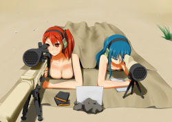 Rule 34 | 1klunas, 2girls, breasts, cartridge, cleavage, ear protection, earmuffs, gun, large breasts, m110 sass, magazine (weapon), multiple girls, notepad, rifle, scope, small breasts, sniper rifle, weapon
