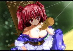 Rule 34 | 1girl, alcohol, bad id, bad pixiv id, between breasts, breasts, bust cup, cleavage, female focus, hair bobbles, hair ornament, large breasts, nature, onozuka komachi, outdoors, red eyes, red hair, sake, short hair, solo, touhou, twintails, two side up, wata