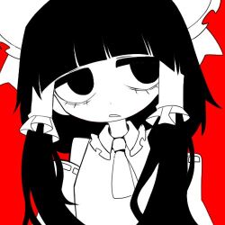 Rule 34 | 1girl, black eyes, black hair, blunt bangs, collared shirt, detached sleeves, dmebgsa3, frilled hair tubes, frilled ribbon, frilled shirt, frilled shirt collar, frills, hair ribbon, hair tubes, hakurei reimu, japanese clothes, limited palette, long hair, long sleeves, looking to the side, lowres, miko, neckerchief, nontraditional miko, open mouth, red background, ribbon, shirt, sidelocks, simple background, sleeveless, touhou