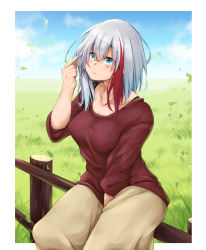Rule 34 | 1girl, admiral graf spee (azur lane), alternate costume, azur lane, blue eyes, blue sky, blush, border, breasts, brown skirt, casual, cloud, collarbone, commentary request, day, grass, hair between eyes, twirling hair, long skirt, medium breasts, multicolored hair, oriue wato, outdoors, red hair, red shirt, shirt, short hair, silver hair, sitting, sitting on fence, skirt, sky, solo, streaked hair, white border