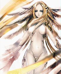 Rule 34 | 1girl, angel wings, black eyes, blonde hair, breasts, colored skin, cowboy shot, cracked skin, final fantasy, final fantasy xiv, forgiven obscenity, gold trim, highres, long hair, looking at viewer, looking down, medium breasts, monster girl, multiple wings, navel, no eyebrows, no nipples, parted bangs, sin eater (ff14), solo, stomach, unf (unotfound 404), white skin, wings