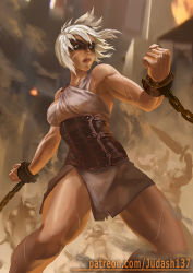 Rule 34 | 1girl, armpits, bare shoulders, bdsm, bondage, bound, breasts, chain, hair between eyes, judash137, large breasts, league of legends, legs, looking at viewer, makeup, muscular, open mouth, restrained, riven (league of legends), short hair, slave, solo, thighs, toned, white hair