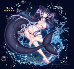 Rule 34 | absurdres, artist name, ass, black background, black hair, breasts, bubble, crossover, fanwork, feet, fins, fish tail, flower, flower on head, genshin impact, highres, indie virtual youtuber, large breasts, long hair, looking sideways, maiulive, multicolored hair, nails, one leg raised, orca girl, purple eyes, ribbon, shylily, skirt, star (symbol), swimsuit, tail, tattoo, toes, tongue, tongue out, two-tone hair, virtual youtuber, water
