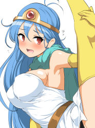 Rule 34 | 1girl, black panties, blue hair, breasts, dragon quest, dragon quest iii, dress, elbow gloves, flying sweatdrops, gloves, highres, large breasts, long hair, momio, panties, pantyshot, red eyes, sage (dq3), simple background, solo, split, spread legs, thighhighs, tiara, underwear, white background, white dress, yellow gloves, yellow thighhighs
