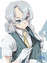 Rule 34 | 1girl, 2018, 4suke, artist name, asymmetrical hair, black vest, blue eyes, clothes pull, collared shirt, dated, eyebrows, gloves, hair between eyes, hair intakes, kantai collection, long hair, necktie, nowaki (kancolle), open clothes, open vest, pulled by self, shirt, short sleeves, silver hair, solo, upper body, vest, vest pull, white gloves, white shirt, yellow necktie