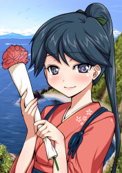 Rule 34 | 10s, 1girl, aokihoshi, black hair, blue sky, carnation, day, flower, high ponytail, highres, houshou (kancolle), japanese clothes, kantai collection, looking at viewer, mother&#039;s day, ocean, outdoors, ponytail, sky, smile, solo, tasuki, upper body
