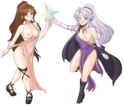 Rule 34 | 2girls, blush, boots, breasts, brown eyes, brown hair, fire emblem, fire emblem: genealogy of the holy war, fire emblem: mystery of the emblem, fire emblem: new mystery of the emblem, fire emblem: shadow dragon, fire emblem: shadow dragon and the blade of light, full body, jewelry, linde (fire emblem), long hair, medium breasts, multiple girls, naked robe, necklace, nintendo, nipples, no panties, pelvic curtain, ponytail, purple eyes, purple hair, robe, tailtiu (fire emblem), thighs, transparent background, tridisart