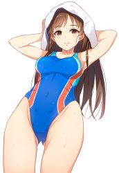 Rule 34 | 10s, 1girl, arms up, bad id, bad pixiv id, blush, breasts, brown eyes, brown hair, closed mouth, collarbone, competition swimsuit, covered navel, cowboy shot, drying, drying hair, gluteal fold, idolmaster, idolmaster cinderella girls, long hair, looking at viewer, medium breasts, nitta minami, one-piece swimsuit, simple background, smile, solo, standing, swimsuit, towel, wet, white background, yuuhi (ages)