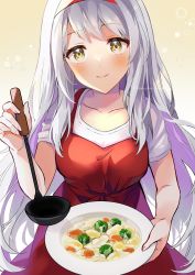 Rule 34 | 1girl, anbutter siruko, brown eyes, commentary request, cowboy shot, dress, hairband, highres, kantai collection, ladle, long hair, looking at viewer, official alternate costume, red dress, red hairband, shirt, shoukaku (kancolle), smile, solo, stew, white hair, white shirt