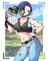 Rule 34 | 1girl, absurdres, blue hair, blue sky, bob cut, breasts, bush, camera phone, creatures (company), curvy, denim, fingernails, game freak, gooroomee, grass, grey background, hand on own hip, highres, jeans, large breasts, looking at viewer, midriff, multicolored hair, nature, navel, nintendo, pants, perrin (pokemon), pokemon, pokemon sv, red eyes, short hair, sky, smile, solo, twitter username, two-tone hair, undershirt, wide hips