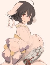 Rule 34 | 1girl, ahoge, animal ears, bad id, bad twitter id, black hair, closed mouth, from side, grey background, hair between eyes, hair ornament, hairpin, inaba tewi, japanese clothes, kimono, long sleeves, looking at viewer, looking to the side, pink kimono, rabbit ears, red eyes, short hair, simple background, smile, solo, touhou, tsukiori, wide sleeves