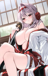 1girl blush breasts center_opening commentary_request flower goddess_of_victory:_nikke grey_hair hair_flower hair_intakes hair_ornament hairband highres holding holding_sword holding_weapon indoors japanese_clothes katana kimono large_breasts long_hair looking_at_viewer no_bra official_alternate_costume red_flower red_hairband red_rose red_sash rose sash scabbard scarlet_(black_shadow)_(longing_flower)_(nikke) scarlet_(black_shadow)_(nikke) scarlet_(nikke) sheath solo sword thighs two-tone_kimono weapon white_kimono yuxian_youka