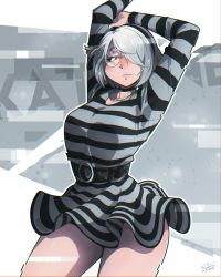 Rule 34 | 1girl, 2b (nier:automata), alternate costume, arms up, black shirt, blush, breasts, closed mouth, collarbone, freckles, glasses, grey shirt, highres, large breasts, lips, long sleeves, looking at viewer, multicolored shirt, nier:automata, nier (series), rimless eyewear, round eyewear, ryou sakai, shirt, short hair, smile, solo, striped clothes, striped shirt, swept bangs