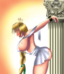 Rule 34 | 1girl, ass, bandai namco, bdsm, blonde hair, blush, bondage, bound, bound wrists, breasts, covered erect nipples, gradient background, huge breasts, large breasts, long hair, no bra, open mouth, restrained, solo, sophitia alexandra, soul calibur, svoidist, sweat, very long hair