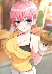 Rule 34 | 1girl, :q, absurdres, blue eyes, blurry, blurry background, blush, bracelet, breasts, cleavage, closed mouth, coffee, coffee cup, collarbone, commentary request, cup, depth of field, disposable cup, drinking straw, earrings, glint, go-toubun no hanayome, hair between eyes, hand on own hip, hand up, highres, holding, holding cup, jewelry, long sleeves, looking at viewer, medium breasts, nakano ichika, pants, pink hair, short hair, single-shoulder sweater, single sleeve, smile, solo, standing, sweater, tongue, tongue out, white pants, yellow sweater, yukiunag1