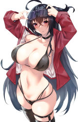 Rule 34 | 1girl, alexi oekaki, azur lane, bikini, black bikini, black choker, black hair, black thighhighs, blush, breasts, choker, cleavage, highres, jacket, large breasts, long hair, long sleeves, looking at viewer, navel, official alternate costume, parted lips, red eyes, red jacket, revision, simple background, smile, solo, swimsuit, taihou (azur lane), taihou (enraptured companion) (azur lane), thighhighs, thighs, white background