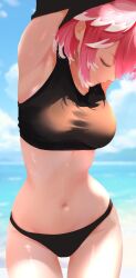 Rule 34 | 1girl, alternate costume, armpits, arms up, beach, bikini, black bikini, black shirt, black tank top, blue sky, breasts, closed eyes, closed mouth, cloud, cloudy sky, cohi27151463, commentary, cowboy shot, crop top, day, hashtag-only commentary, head wings, hololive, medium breasts, navel, ocean, outdoors, pink hair, shirt, short hair, side-tie bikini bottom, sky, smile, solo, standing, stomach, sunlight, swimsuit, takane lui, tank top, undressing, virtual youtuber, wings