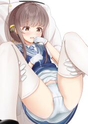 Rule 34 | 1boy, 1girl, absurdres, admiral (kancolle), black footwear, blue dress, blush, brown eyes, brown hair, diagonal-striped clothes, diagonal-striped necktie, dress, gloves, held up, highres, kantai collection, necktie, open mouth, panties, shoes, short hair with long locks, short sleeves, sidelocks, simple background, spread legs, striped clothes, tears, thighhighs, ukuru (kancolle), underwear, white background, white gloves, white panties, white thighhighs, zuki