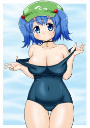Rule 34 | 1girl, blue eyes, blue hair, breasts, female focus, hair bobbles, hair ornament, hat, jewelry, kawashiro nitori, key, large breasts, masara (chuujou), matching hair/eyes, necklace, one-piece swimsuit, samara, school swimsuit, short hair, smile, solo, swimsuit, touhou, twintails, two side up, undressing