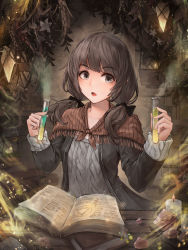 Rule 34 | 1girl, absurdres, alchemy, aran sweater, book, cable knit, candle, capelet, commentary, crystal, crystalherb, fire, flower, grey eyes, grey hair, hair over shoulder, hair ribbon, highres, holding, indoors, jacket, jar, long hair, long sleeves, looking at viewer, low twintails, open book, open mouth, original, plant, ribbon, shelf, solo, steam, sweater, table, test tube, twintails, upper body, wooden table