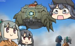 Rule 34 | &gt;:), 3girls, akatsuki (kancolle), beret, black hair, black hat, blue eyes, brown eyes, commentary, crying, crying with eyes open, dated, flat cap, green hair, gundam, hamu koutarou, hat, highres, kantai collection, long hair, long sleeves, military, military uniform, multiple girls, open mouth, ponytail, purple hair, red eyes, remodel (kantai collection), short hair, smile, takao (kancolle), tears, uniform, v-shaped eyebrows, yuubari (kancolle)