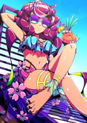 Rule 34 | 1girl, ankle strap, arm behind head, barefoot, beach chair, bikini, black nails, blue bikini, borrowed character, breasts, crossed legs, cup, drinking glass, drinking straw, highres, long hair, medium breasts, nail polish, navel, original, outdoors, purple hair, scalizo, sitting, smile, solo, sunglasses, swimsuit, thigh strap
