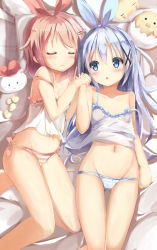 Rule 34 | 2girls, :o, bad hands, bad id, bad pixiv id, bare shoulders, bed sheet, bird, blue eyes, blue hair, blush, breasts, broken egg, camisole, chick, cleavage, closed eyes, collarbone, commentary request, gluteal fold, gochuumon wa usagi desu ka?, groin, hair ornament, hairband, hairclip, highres, holding hands, hoto cocoa, kafuu chino, long hair, lying, multiple girls, natuna natu, navel, no pants, on back, on bed, open mouth, orange hair, panties, pillow, side-tie panties, sleeping, small breasts, smile, strap slip, striped clothes, striped panties, tippy (gochiusa), underwear, x hair ornament, yuri