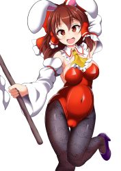 Rule 34 | 1girl, alternate costume, animal ears, belly, blush, bow, breasts, brown eyes, brown hair, cameltoe, cleavage, detached collar, detached sleeves, fake animal ears, fishnets, hair between eyes, hair intakes, hakurei reimu, heels, highres, leotard, long hair, looking at viewer, medium breasts, navel, necktie, niochi, open mouth, plump, rabbit ears, red bow, smile, solo, touhou