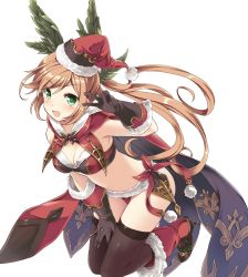 Rule 34 | 10s, 1girl, :d, black gloves, black thighhighs, blonde hair, blush, boots, breasts, cape, clarisse (granblue fantasy), cleavage, fur trim, gloves, granblue fantasy, green eyes, hat, high heel boots, high heels, highres, long hair, looking at viewer, navel, open mouth, ponytail, santa hat, simple background, smile, solo, souryuu (double dragon), thighhighs, v, white background