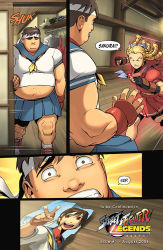 Rule 34 | 1boy, 1girl, :d, angry, antenna hair, aura, battle, bike shorts, blonde hair, blue sailor collar, body hair, bow, brown hair, capcom, clenched hand, clenched teeth, close-up, closed eyes, clothes hanger, comic, cosplay, crop top, crossdressing, dated, door, dressing room, english text, eyebrows, fat, fat man, fighting stance, fingerless gloves, floating hair, gloves, glowing, hair bow, hard-translated, hat, headband, indoors, ishizaki, kanzuki karin, kasugano sakura, kasugano sakura (cosplay), leg hair, midriff, motion lines, navel, necktie, no pupils, official art, omar dogan, open mouth, orange eyes, photo (object), pleated skirt, plump, ringlets, running, sailor collar, scared, school uniform, serafuku, shirt, shoes, short hair, shorts, shorts under skirt, skirt, smile, sneakers, socks, speech bubble, speed lines, street fighter, street fighter zero (series), teeth, thick eyebrows, third-party edit, trap, turtleneck, udon entertainment, v, walk-in, what, wooden floor