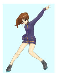 Rule 34 | 1girl, bare legs, blue background, female focus, full body, jacket, long sleeves, naked jacket, no pants, saki (manga), simple background, solo, takakamo shizuno, track jacket