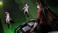 Rule 34 | 1girl, 2boys, arrow (projectile), arrow in body, black hair, blood, bracelet, checkered clothes, checkered scarf, danganronpa (series), danganronpa v3: killing harmony, earrings, facial hair, from above, game cg, goatee, harukawa maki, highres, injury, jacket, jacket on shoulders, jewelry, komatsuzaki rui, looking at another, low twintails, momota kaito, multiple boys, multiple girls, official art, oma kokichi, open mouth, pants, pink blood, plaid, plaid skirt, pleated skirt, purple eyes, purple hair, red eyes, scarf, school uniform, shirt, skirt, spiked hair, spoilers, straitjacket, surprised, sweatdrop, twintails