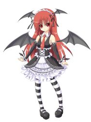 Rule 34 | 1girl, alternate costume, bat wings, bow, dress, embodiment of scarlet devil, female focus, frilled dress, frills, full body, gothic lolita, hair ornament, head wings, koakuma, lolita fashion, long hair, looking at viewer, mary janes, necktie, pigeon-toed, red eyes, red hair, red necktie, shoes, shuz (dodidu), simple background, sleeveless, solo, standing, striped clothes, striped thighhighs, thighhighs, touhou, white background, wings