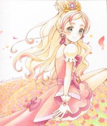 Rule 34 | 1girl, blonde hair, blush, bow, character name, choker, cure flora, earrings, female focus, flower, gloves, go! princess precure, green eyes, haruno haruka, jewelry, long hair, looking at viewer, magical girl, marker (medium), multicolored hair, petals, pink hair, precure, sitting, smile, solo, traditional media, two-tone hair, waist bow, watayuki, white gloves