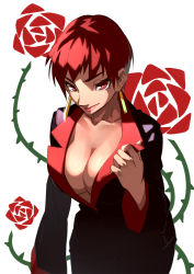 Rule 34 | 1girl, breasts, cleavage, earrings, female focus, floral background, formal, grin, highres, jewelry, king of fighters xiii, l.k, large breasts, looking at viewer, makeup, red eyes, red hair, rose background, short hair, simple background, smile, solo, suit, the king of fighters, the king of fighters xiii, very short hair, vice (kof), white background