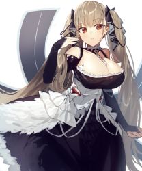 Rule 34 | 1girl, azur lane, bare shoulders, between breasts, black dress, black ribbon, breasts, cleavage, clothing cutout, detached collar, dress, flight deck, formidable (azur lane), frilled dress, frills, large breasts, light brown hair, long hair, looking at viewer, necktie, necktie between breasts, red eyes, ribbon, shoulder cutout, simple background, solo, suminagashi, twintails, two-tone dress, two-tone ribbon, very long hair, white background, white dress, white ribbon