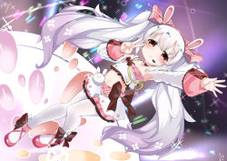 Rule 34 | 1girl, absurdres, animal ears, arm up, armpits, azur lane, black choker, black ribbon, blurry, blurry background, blush, bow, buttons, choker, detached sleeves, double-breasted, fake animal ears, footwear bow, hair between eyes, hair bow, hairband, headset, high heels, highres, laffey (azur lane), laffey (bunny idol @unmotivated) (azur lane), long hair, long sleeves, microphone, midriff, miniskirt, navel, pantyhose, parted lips, patterned background, pink bow, pink footwear, plaid, plaid skirt, pleated skirt, rabbit ears, red eyes, red hairband, ribbon, ribbon choker, shoes, single strap, skirt, solo, thighband pantyhose, twintails, v, very long hair, white hair, white pantyhose, yomimafu