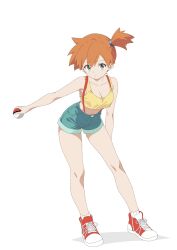 Rule 34 | 1girl, asymmetrical hair, bare shoulders, breasts, cleavage, closed mouth, creatures (company), crop top, denim, denim shorts, eyelashes, female focus, full body, game freak, gen 1 pokemon, green eyes, hair tie, highres, holding, holding poke ball, knees, leaning forward, legs, looking at viewer, medium breasts, midriff, misty (pokemon), navel, nintendo, orange hair, poke ball, poke ball (basic), pokemon, pokemon (anime), pokemon (classic anime), ponytail, red footwear, shirt, shoes, short hair, short shorts, shorts, side ponytail, simple background, sleeveless, smile, sneakers, solo, standing, suspenders, tank top, white background, yellow shirt, yellow tank top