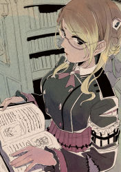 Rule 34 | artist request, bad id, bad pixiv id, black dress, blonde hair, book, bookshelf, bow, braid, dress, glasses, hair bow, idolmaster, idolmaster shiny colors, izumi mei, library, multicolored hair, neck ribbon, ribbon, solo, stitches, torn clothes, two-tone hair