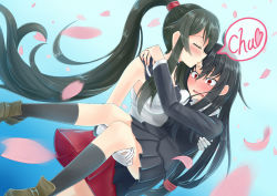 Rule 34 | 10s, 2girls, arms around neck, black hair, blush, carrying, commentary request, closed eyes, kissing forehead, gloves, hatsushimo (kancolle), kantai collection, kiss, kissing forehead, long hair, multiple girls, open mouth, petals, ponytail, princess carry, school uniform, sound effects, very long hair, yahagi (kancolle), yuri, zaki (2872849)