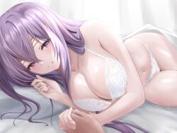 Rule 34 | 1girl, absurdres, bed, bra, breasts, circlet, cleavage, fire emblem, fire emblem: genealogy of the holy war, highres, holding hands, julia (fire emblem), large breasts, lingerie, long hair, navel, nintendo, noa (skae3323), on bed, panties, purple eyes, purple hair, smile, solo focus, stomach, thighs, underwear, underwear only, white bra, white panties