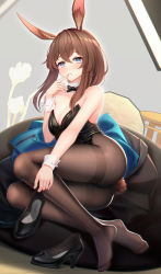 Rule 34 | 1girl, absurdres, alternate costume, amiya (arknights), animal ears, arknights, artist name, bare shoulders, bean bag chair, black bow, black bowtie, black footwear, black leotard, black pantyhose, blue eyes, bow, bowtie, breasts, brown hair, collar, detached collar, finger to mouth, grey background, hair between eyes, high heels, highres, holding, holding clothes, holding footwear, kaleid, leotard, long hair, looking at viewer, lying, medium breasts, pantyhose, playboy bunny, rabbit ears, rabbit girl, rabbit tail, solo, tail, thighband pantyhose, thighs, white collar, white wrist cuffs, wrist cuffs