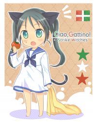 Rule 34 | 1girl, animal ears, aqua eyes, black hair, blanket, cat ears, cat tail, eating, fang, food, food on face, francesca lucchini, italian text, solo, star (symbol), strike witches, tail, tomato, twintails, world witches series, aged down, yuni (artist), yuni (seifuku-san)