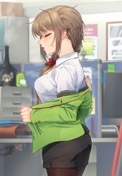 Rule 34 | 1girl, black skirt, blouse, blush, bra visible through clothes, breasts, brown hair, brown pantyhose, collared shirt, commentary request, cowboy shot, doll, drawer, closed eyes, from side, green jacket, hair ornament, hair scrunchie, idolmaster, idolmaster cinderella girls, indoors, jacket, kamille (vcx68), long hair, long sleeves, medium breasts, off shoulder, open clothes, open jacket, pantyhose, pantylines, parted lips, pencil skirt, profile, scrunchie, see-through, see-through shirt, senkawa chihiro, shirt, skirt, solo, standing, sweatdrop, white shirt