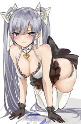 Rule 34 | 1girl, all fours, black gloves, blush, bow, box, breasts, chigasaki yukari, cleavage, closed mouth, commission, dress, gloves, grey hair, hair bow, highres, lace trim, long hair, looking at viewer, medium breasts, original, panties, short dress, simple background, skeb commission, solo, thighhighs, twintails, underwear, very long hair, white bow, white thighhighs