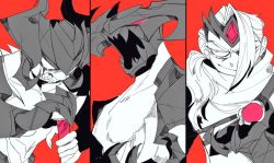Rule 34 | 3boys, aatrox, angry, armor, claw pose, clawed gauntlets, claws, clenched teeth, closed mouth, fingernails, gauntlets, gem, goodpizzalol, greyscale, hair over one eye, hatching (texture), holding, holding sword, holding weapon, horns, league of legends, long hair, male focus, monochrome, multiple boys, no pupils, open mouth, pauldrons, ponytail, red background, red eyes, rhaast, scratches, sharp fingernails, sharp teeth, shoulder armor, simple background, smile, spot color, sword, teeth, upper body, varus, weapon
